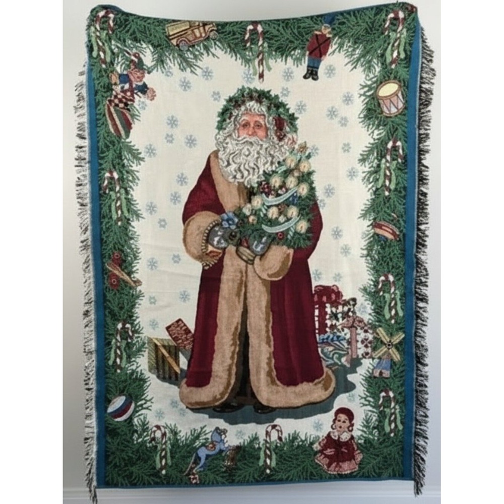 Vintage Goodwin Weavers Santa‎ Claus Woven Cotton Throw Blanket Christmas Fringe